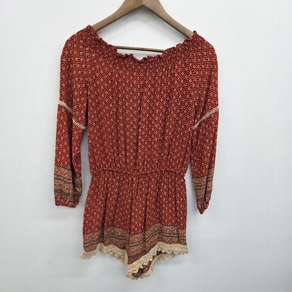 Boho Crochet Trim Off Shoulder Romper Rust Red‎ Womens Size M Festival En Crème - Picture 3 of 12
